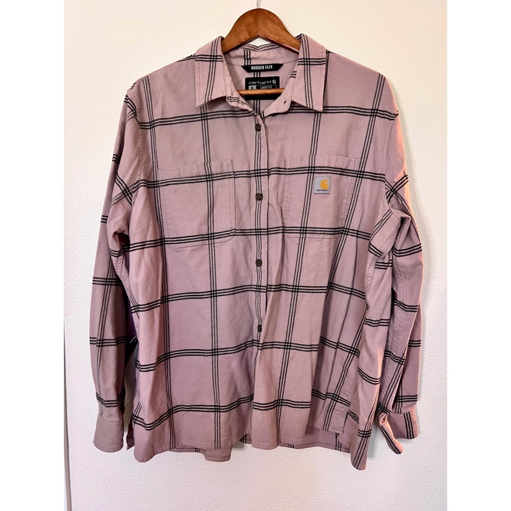 Carhartt Womens XL Rugged Flex Plaid Button Up Shirt Loose Fit Pink